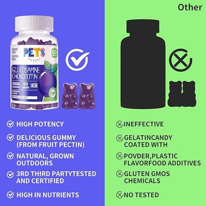 Pets Purest Glucosamine Chondroitin Gummies with MSM & Elderberry Extra Strength - Joint Support, Antioxidant Immune Support Supplement for Adults, Men & Women.60 Blueberry Gummies