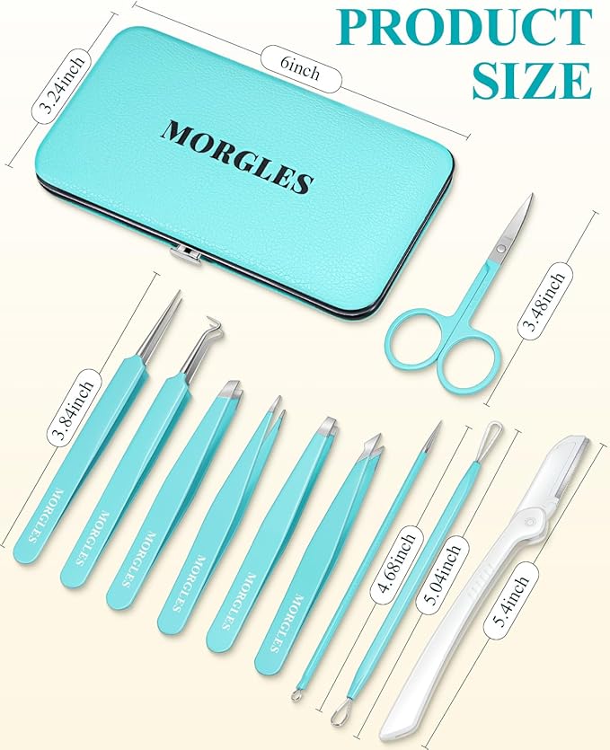 MORGLES Tweezers for Women Facial Hair, 10 in 1 Pimple Popper Tool Kit with Tweezers, Eyebrow Tweezers Kit with Eyebrow Trimmer & Scissors, Razor, Travel Bag, Grooming Beauty Set