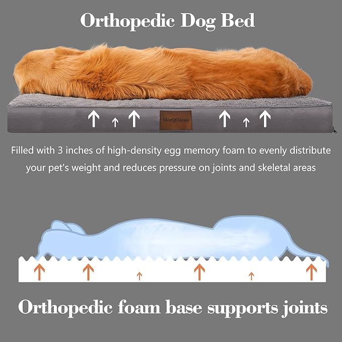 Waterproof Dog Beds for Large and Extra Large Dogs - Orthopedic Washable Crate Pad 44 inch, XL-Plus Egg Crate Foam Pet Bed Mat with Removable Cover, Anti-Slip Kennel Pad, 44''×32'', Grey