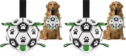 QDAN Large Dog Toys, 8 Inch Soccer Ball for Dogs with Straps, World Cup Interactive Toys for Tug of War, Puppy Birthday Gifts, Water Toy, Durable Dog Balls for Medium Large (Pack of 2)