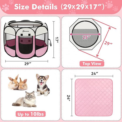 Dog Cat Playpen Indoor Outdoor for Puppy Pet Dogs Cat Recovery After Surgery, Dog Tent Crates Cage Indoor/Outdoor, Portable Pop Up Kennel with Carrying Case for Travel (Pink with Pad, Small)