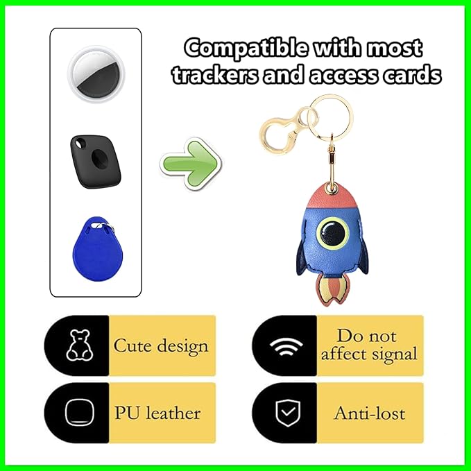 Leather Keychain Holder Case Compatible with AirTag,Cute Protective Cover with Keyring,Anti-Scratch Finder GPS Tracker Case for Wallet Keys,bag,pets,Backpack(Rocket Blue)