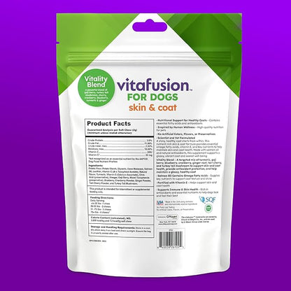 VitaFusion for Dogs Skin & Coat Supplement, Omega 3 Salmon Oil & Vitamin E – Supports Healthy Skin, Shiny Coat & Moisture Balance, Vet Formulated 120 Chews.