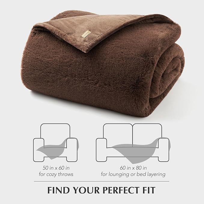 EVERGRACEHOME Luxury Soft Faux Chinchilla Fur Throw Blanket for Couch, Warm Thick Heavy Winter Throw Blanket 1220GSM for Bed, Fluffy Cozy Mink Blanket with Reversible Velvet, Chestnut Mink, 50"x60"