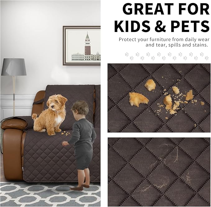 Easy-Going Recliner Sofa Cover, Reversible Couch Cover for 3 Seat Recliner, Split Sofa Cover for Each Seat, Furniture Protector with Elastic Straps for Dogs, Pets(3 Seater, Chocolate/Beige)