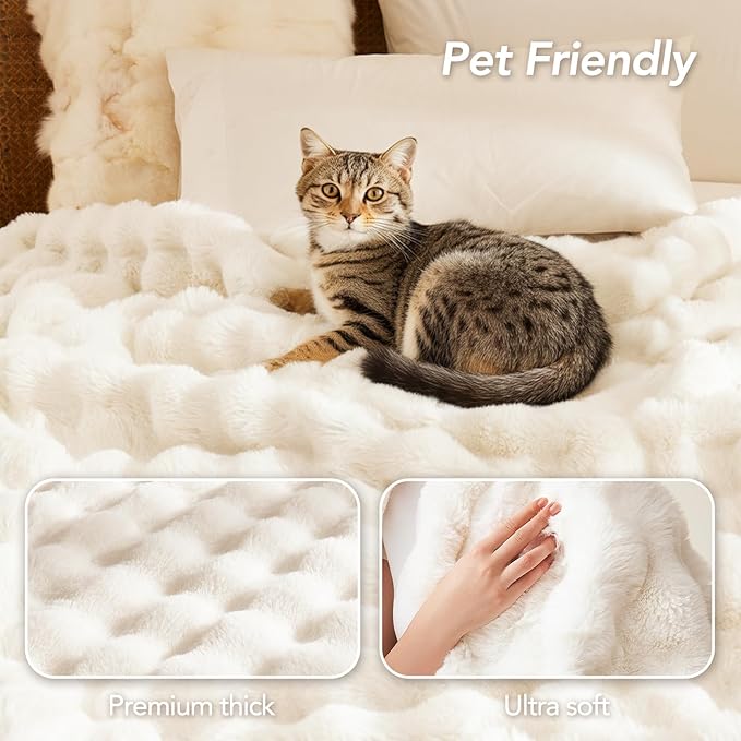 L'AGRATY Faux Fur Throw Blanket: 60" x 80" Luxury Soft Fluffy Thick Rabbit Fur Blankets for Twin Bed Couch - Cozy Plush Bubble Blankets for Winter: Warm Flannel Fleece Decorative Blanket(Cream White)