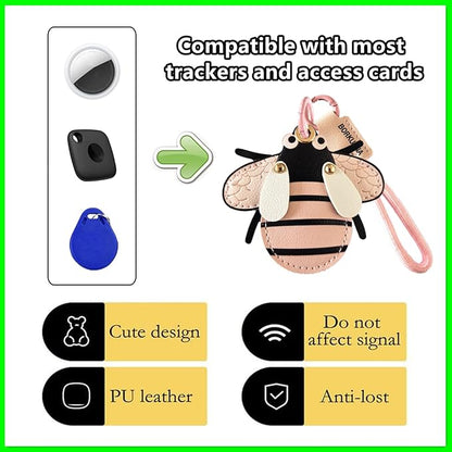 Leather Keychain Holder Case Compatible with AirTag,Cute Protective Cover with Keyring and Lanyard,Anti-Scratch Finder GPS Tracker Case for Wallet Keys,Bag,Pets,Backpack(Pink Bee)