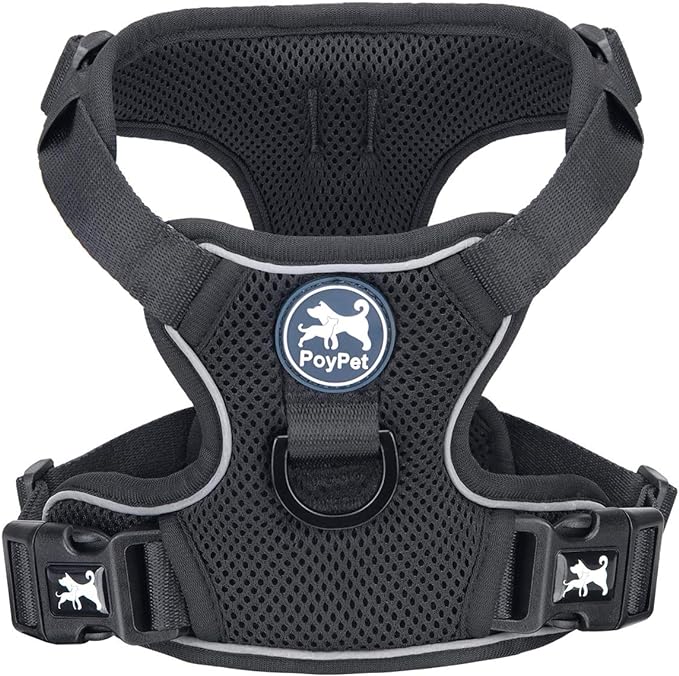 PoyPet Reflective Soft Breathable Mesh Dog Harness Choke-Free Double Padded Vest with Adjustable Neck and Chest(Black,M)