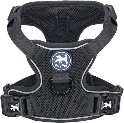 PoyPet Reflective Soft Breathable Mesh Dog Harness Choke-Free Double Padded Vest with Adjustable Neck and Chest(Black,M)
