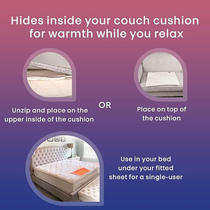 Hidden Heat Electric Couch Cushion Warmer by Spotwarm; Wireless RF Remote, Microplush Flannel Heated Seat, Single User Bed Warmer, Pet Bed Warmer - 17” by 20”