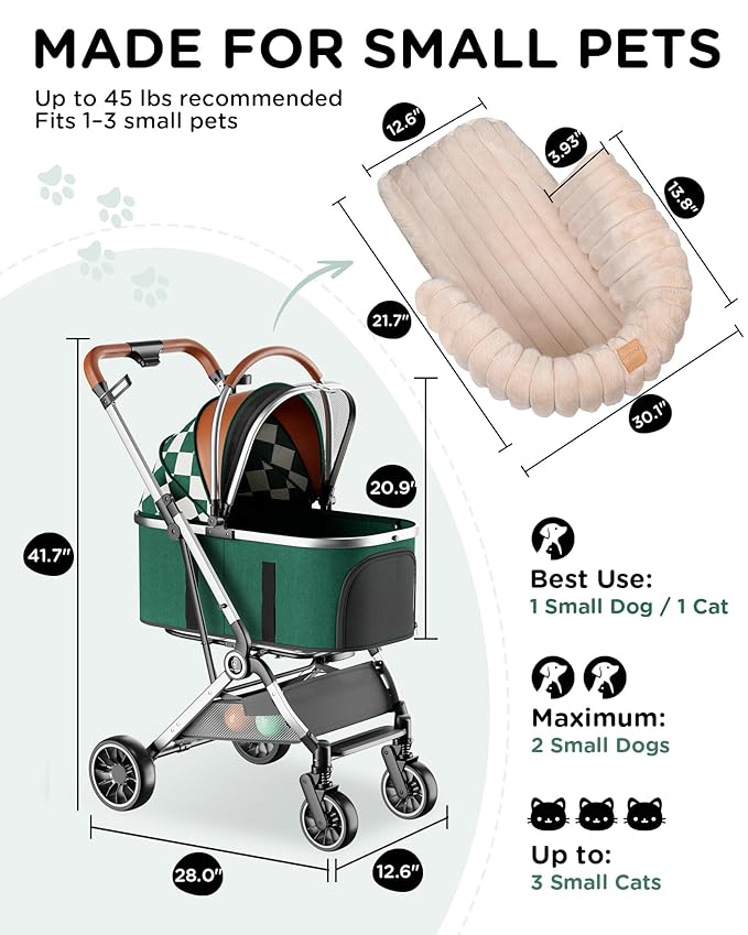 GTPLAYER Pet Stroller with Matching Stroller Mat Set, for Small Dogs and Cats Up to 45 lb, Detachable Carrier, One-Hand Fold, Stroller: Green, Mat: Beige