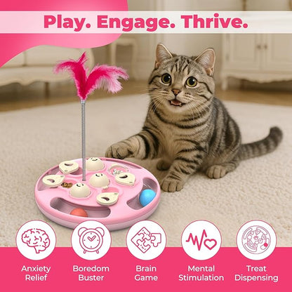 Cat Puzzle Toys Games Level 3 in 1 with Track Balls, Feather Teaser & Treat Feeder | Non-Slip Base | Mental Stimulation Enrichment for Indoor Cat, Dogs | Kitty Gift, Pink