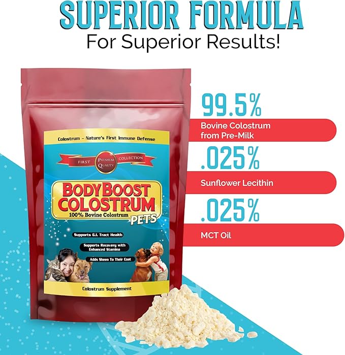 BodyBoost Bovine Colostrum for Dogs and Cats, Organic Immune Support Supplement for Allergy and Itch Relief, Grass Fed Colostrum Powder for Pets, Dog Gut Health, All Ages, 8 oz