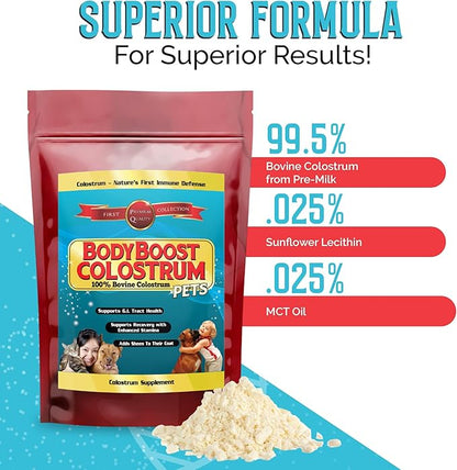 BodyBoost Bovine Colostrum for Dogs and Cats, Organic Immune Support Supplement for Allergy and Itch Relief, Grass Fed Colostrum Powder for Pets, Dog Gut Health, All Ages, 8 oz