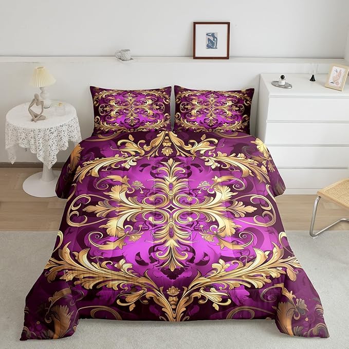 Erosebridal (Just Print Golden Damask Full Size Bedding, Vintage Florals Exotic Comforter Set for Kids Boys Girls, Hippie Boho Aztec Paisley Quilt Set Victorian Baroque Luxury Bed Sets