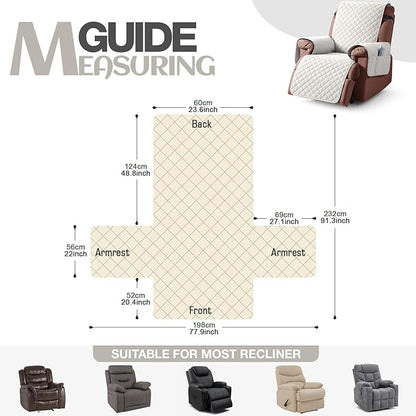 KinCam 100% Waterproof Recliner Chair Cover, Reclining Couch Covers for Pets, Dogs, Recliner Couch Slipcover Furniture Protector with Elastic Straps for Kids(23.6", Beige White)