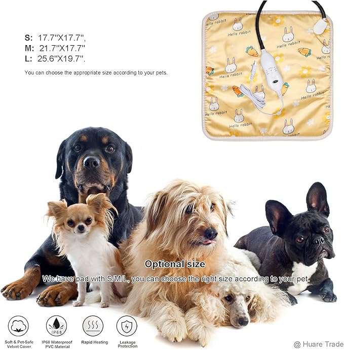 Dog Heating Pad, Adjustable Temperature Heated Dog Bed, Cat Heating Pad,Waterproof Heating Pad with Chew Resistant Cord, 21.7''X17.7'' Yellow Pet Heating Pad