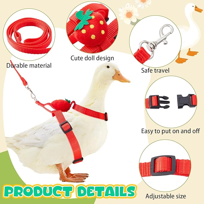 Duck Harness Leash Set Duck Harness and Leash for Real Ducks Adjustable Walking Rope Pet Cute Pattern Outdoor Traction Rope for Chicken Rabbit Small Animals(S,Strawberry)