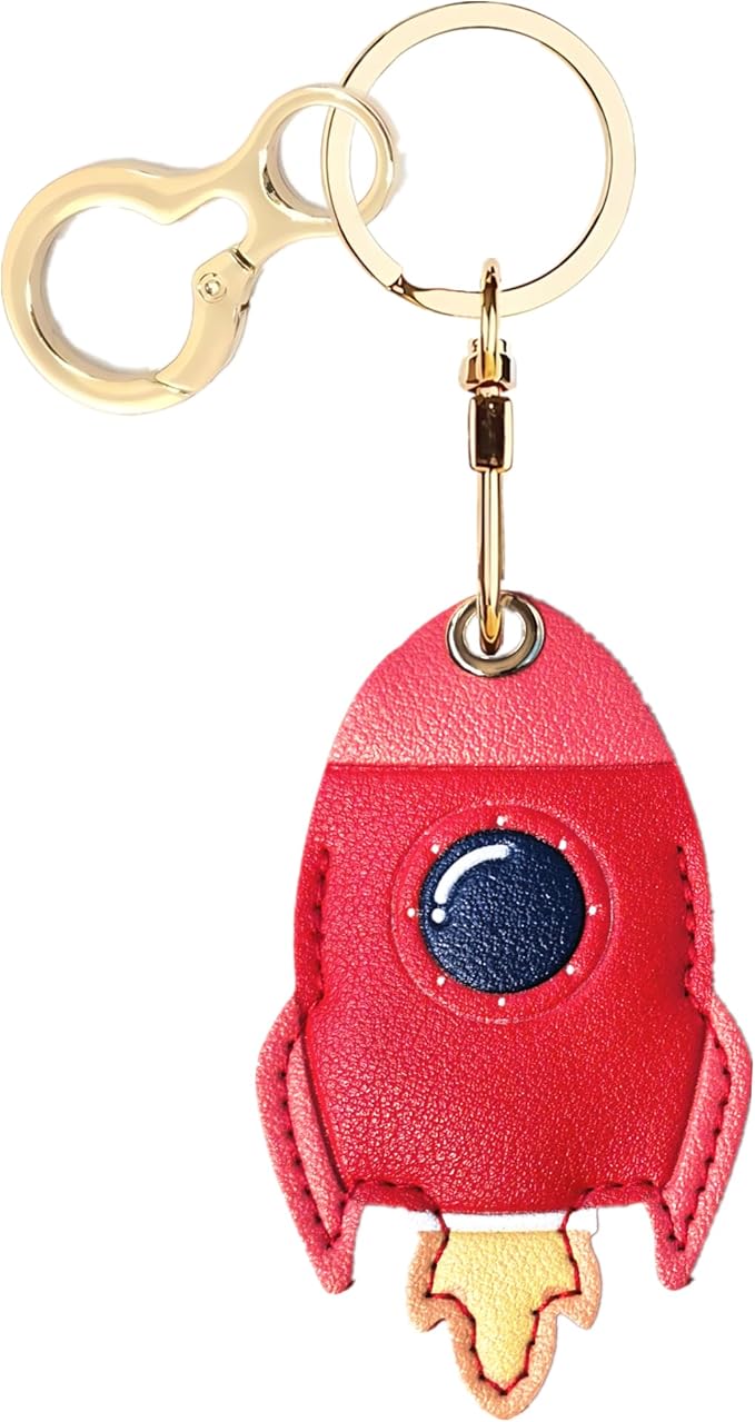 Leather Keychain Holder Case Compatible with AirTag,Cute Protective Cover with Keyring,Anti-Scratch Finder GPS Tracker Case for Wallet Keys,bag,pets,Backpack(Rocket Red)