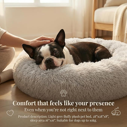 Calming Dog Bed for Medium Dogs Washable Donut 28 inches Anti-Slip Pet Bed,Round Fluffy Plush Faux Fur Cat Bed,Fits up to 40 lbs Pets,Frost Grey