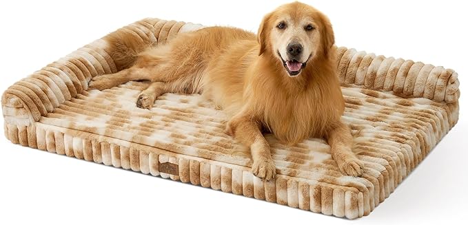 COZY KISS Cute Dog Bed, Faux Rabbit Fur Orthopedic Dog Bed with Sides, Removable Washable Cover & Waterproof Lining, Comfortable Pet Couch for Extra Large Dogs, Tie-Dye Brown (48" L x 35" W x 7.5" Th)