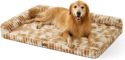 COZY KISS Cute Dog Bed, Faux Rabbit Fur Orthopedic Dog Bed with Sides, Removable Washable Cover & Waterproof Lining, Comfortable Pet Couch for Extra Large Dogs, Tie-Dye Brown (48" L x 35" W x 7.5" Th)