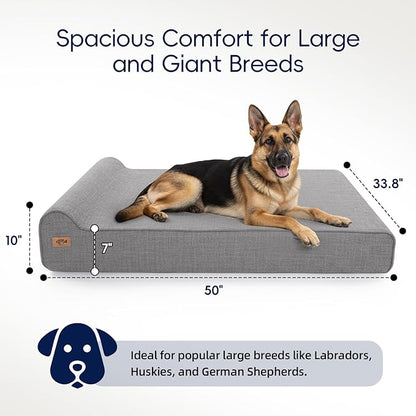 Sytopia 7" Thick Orthopedic Dog Beds for Extra Large Dogs (50" x 34" x 10"), Chew Proof Fabric Cover, 35D Memory Foam Dog Beds with Durable Waterproof Liner & Removable Washable Cover, Grey