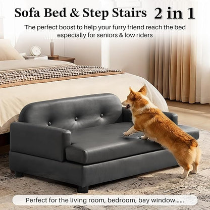 Luxury Dog Sofa Bed Elevated Pet Couch with Durable Waterproof Leather & Orthopedic Sponge - Modern Furniture Style Dog Lounge & Pet Bedside Step for Medium/Large Dogs, Gray