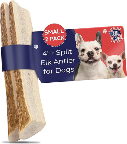 Devil Dog Pet Co - Split Elk Antler for Dogs Small 2 Pack - Exposed Marrow Chew for Puppies & Moderate Chewers - Naturally Shed Grade A Rocky Mountain Elk, Anxiety & Boredom Relief (Up to 15 lbs)