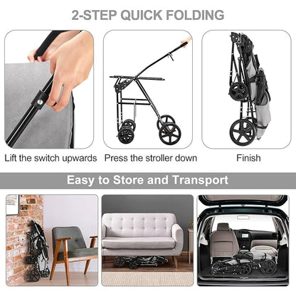 Double Pet Stroller for Dogs and Cats with 2 Detachable Carrier, Quick-Folding Dog Stroller for Medium Small Dogs Cats, 4 Wheels, Light Gray
