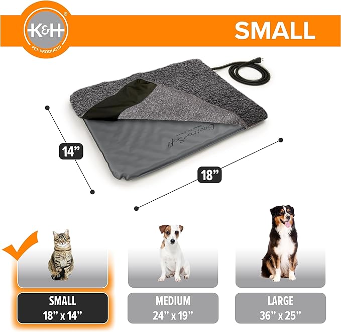 K&H Pet Products Lectro-Soft Orthopedic Outdoor Heated Cat Bed for Outdoor Cat Houses, Safety Listed Automatic Warming Pad, Soft and Flexible, Waterproof, Washable Cover - Small 18 X 14in Gray 20W