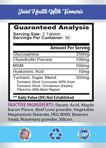 PET SUPPLEMENTS & NUTRITION LLC Dog Joint Relief - Joint Health with Turmeric - MSM - GLUCOSAMINE - Hip Support - Dog glucosamine chondroitin chewable - 60 Tablets (1 Bottle)