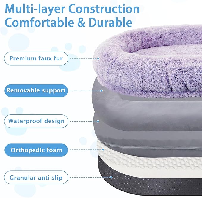 Human Dog Bed, 71''x45''x12'' Size Fits People and Pet 10 CM Thick Memory Foam Washable Adult Large Bed Giant Oversize Foldable Dog Bed with Plump Pillow, Blanket, Strap - Purple