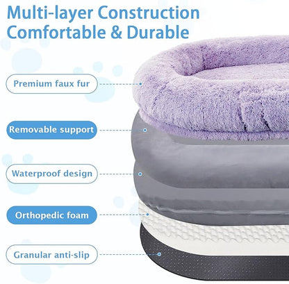 Human Dog Bed, 71''x45''x12'' Size Fits People and Pet 10 CM Thick Memory Foam Washable Adult Large Bed Giant Oversize Foldable Dog Bed with Plump Pillow, Blanket, Strap - Purple