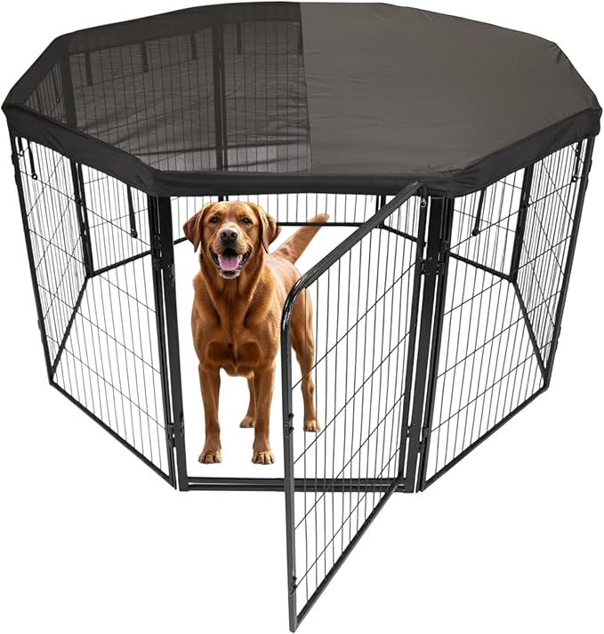Dog Playpen w/Octagon Top Shade Cover - 40 inch, 8 Panel Portable Black Metal Pet Play Pen for Medium & Large Dogs - Indoor/Outdoor Kennel Cage for Home, Yard, RV, or Camping
