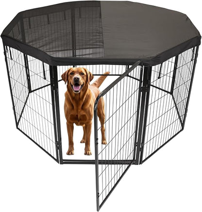 Dog Playpen w/Octagon Top Shade Cover - 40 inch, 8 Panel Portable Black Metal Pet Play Pen for Medium & Large Dogs - Indoor/Outdoor Kennel Cage for Home, Yard, RV, or Camping