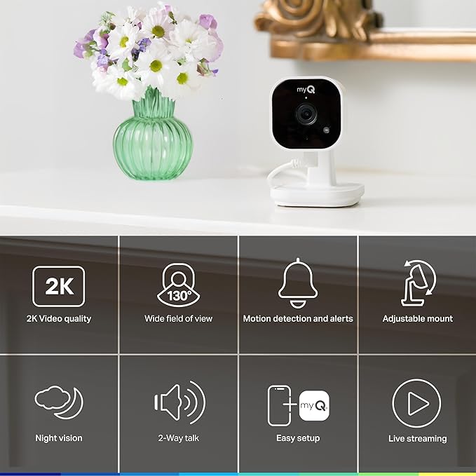 myQ Indoor Plug-in Security Camera Gen 2 – 2K Smart Wi-Fi Camera with Night Vision, Baby and Pet Monitor, Motion Detection and Alerts, 2-Way Audio & App Control, 2 Pack