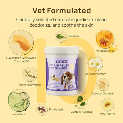 HICC PET Ear Cleaner Wipes for Dogs & Cats, Vet-Recommended Dog Ear Infection Treatment to Relief Itching & Inflammation, Remove Wax, Dirt & Stop Smelly, Cleaning Deodorizing Wipes 50ct(Honey Scent)