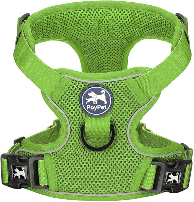 PoyPet Reflective Soft Breathable Mesh Dog Harness Choke-Free Double Padded Vest with Adjustable Neck and Chest(Grass Green,M)