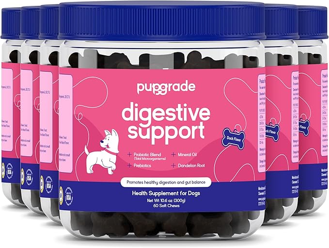 PupGrade Digestive Support for Dogs - Prebiotic + Probiotic Supplement with Enzyme Blend - Gut and Immune Support - Pumpkin, Blueberry, Mineral Oil, Duck Flavor - 360 Soft Chews