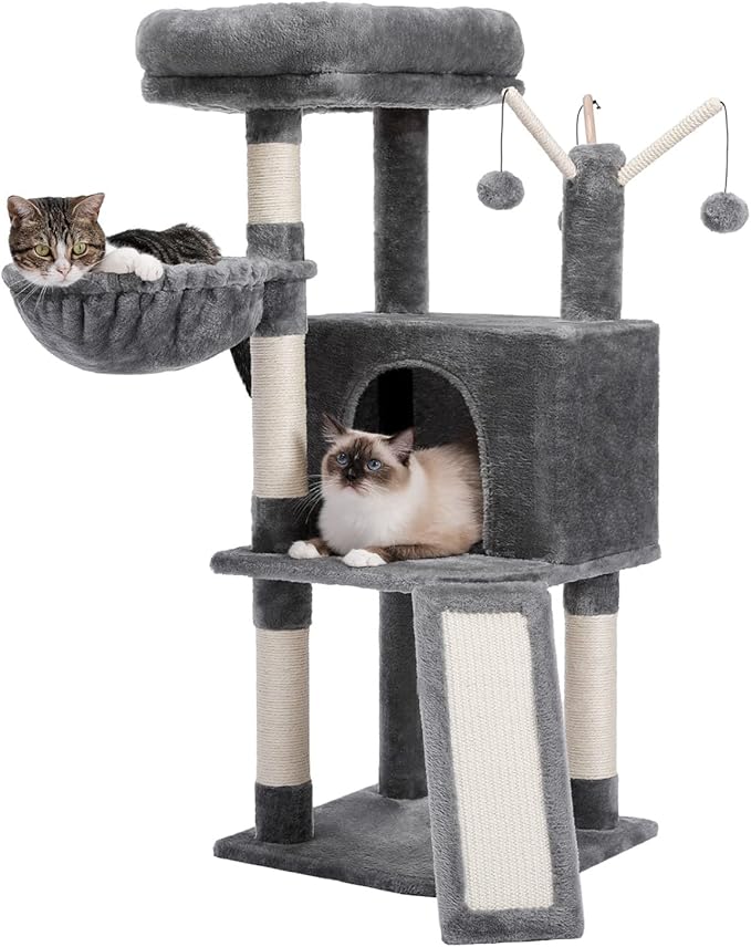 MUTTROS Cat Tree, Multi-Level Cat Tower for Indoor Cats, Cat Climbing Tree Condo with Sisal Covered Scratching Posts, Deep Hammock and Interactive Cat Toy, Gray