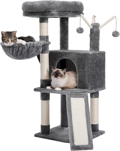MUTTROS Cat Tree, Multi-Level Cat Tower for Indoor Cats, Cat Climbing Tree Condo with Sisal Covered Scratching Posts, Deep Hammock and Interactive Cat Toy, Gray