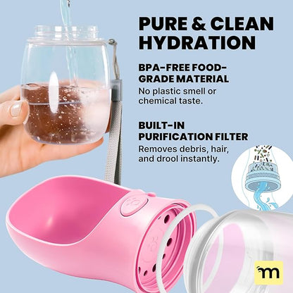 MalsiPree On the Go Dog Water Bottle Dispenser - 12 oz Pink - Leak-Proof Lock & One-Hand Operation - Dog Water Bowl - Pet Travel Bottle with Built-in Bowl, Travel Ready BPA-Free Pet Supplies