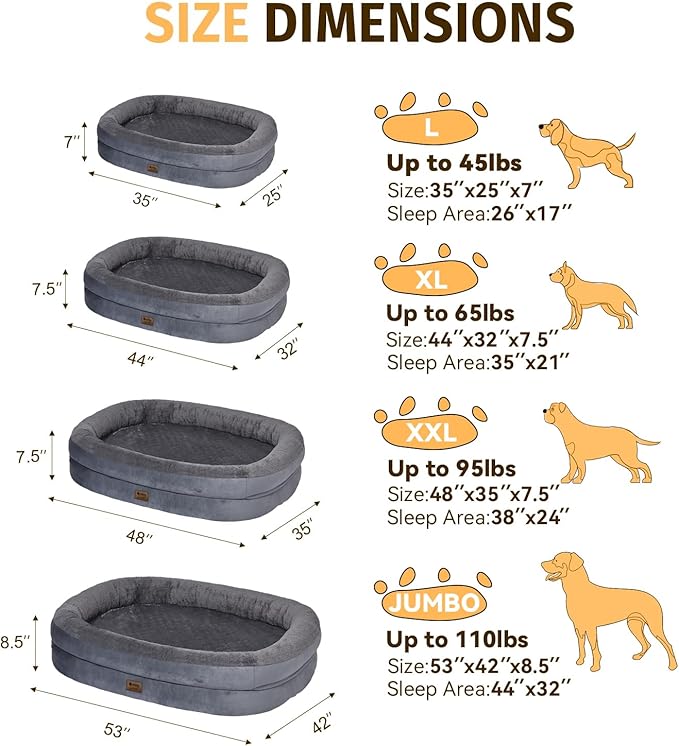 Orthopedic Dog Bed for Large Dogs, Waterproof Dog Bed for Large Size Dogs with Bolsters, Egg Crate Foam Sofa Bed with Washable Removable Cover & Non-Slip Bottom, Dark Grey