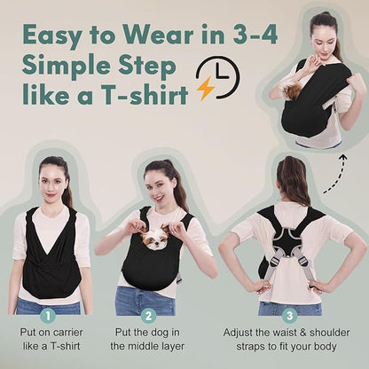 Supet Dog Sling Carrier for Small Pets, Hands Free Cat Sling, Reducing Back Neck Pain Anti-Anxiety Puppy Front, Adjustable Soft Dog Carrying (Black, Regular 7-15 Lbs)
