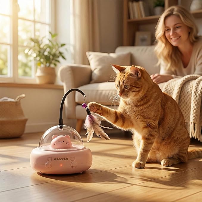2-in-1 UFO Cat Toys for Indoor Cats with Laser & Feather, 360°Smart Obstacle Avoidance Automatic Cat Toy, USB Rechargeable Electronic Kitten Toys, Auto Play & Sleep Mode Fun Self-Play Cat Gift