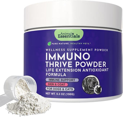 Animal Essentials Immuno-Thrive Wellness Powder for Dogs & Cats - All Natural Immune Support for Pets, Mushroom Blend, Promotes Healthy Skin & Coat, Life Extension Antioxidant Formula - 5.3 oz
