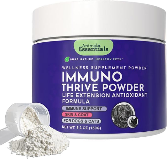 Animal Essentials Immuno-Thrive Wellness Powder for Dogs & Cats - All Natural Immune Support for Pets, Mushroom Blend, Promotes Healthy Skin & Coat, Life Extension Antioxidant Formula - 5.3 oz