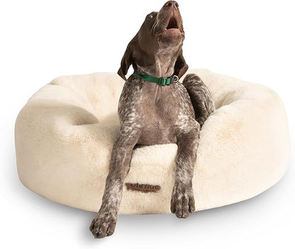 UnHide Floof Pet Bed - Medium (28" x 10") - Extra Soft Dog Bed - Removable Faux Fur Cover - Machine Washable - Helps Ease Pet Anxiety & Provides the Perfect Sleep - Beige Bear