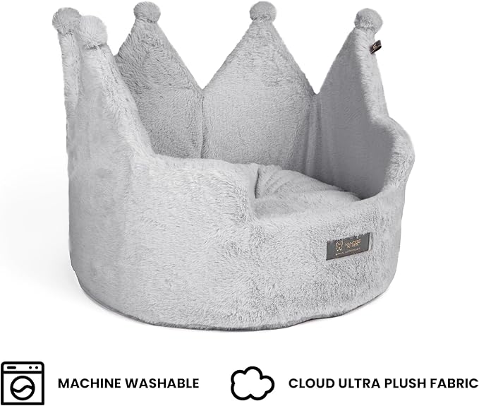 NANDOG Crown Dog Bed for Small Dogs & Cats – Soft Plush Round Pet Bed, Cozy Royal Design, Comfortable Indoor Puppy Bed for Crate or Kennel, Light Gray, Medium